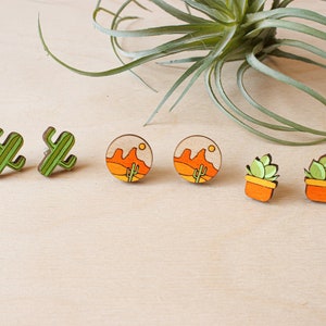 Desert Stud Pack | Boho Wood Cactus Succulent Desert Scene Earrings