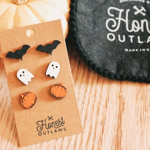 Bat Ghost Pumpkin Halloween Stud Set Fall Jewelry Boho Minimalist