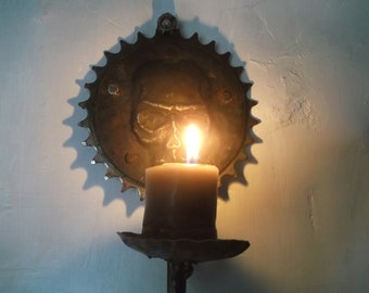 Skull candle holder reclaimed bike cog