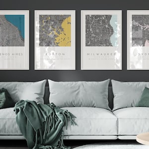 Gepersonaliseerde kaartafdruk, set van vier, kaartafdrukken, aangepaste locaties, stadsplattegrond, aangepaste kaart, thuisstadsplan, stadsplattegrond, kaart personaliseren, kaartkunst