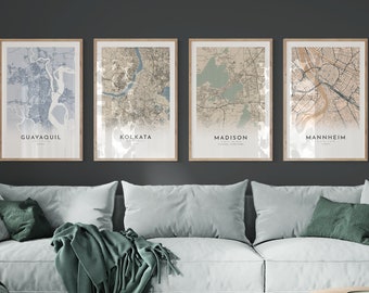 Personalized Map Print, Set of Four, Map Prints, Custom Locations, City Map, Custom Map, Home Town Map, City Map, Personalize map, map art