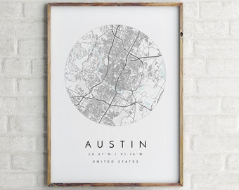 Mappa di Austin, Mappa circolare, Stampa di Austin, Poster di Austin, Arte di Austin, Mappa della città di Austin Texas, Mappa di Austin, Austin City Map Art, Austin Texas