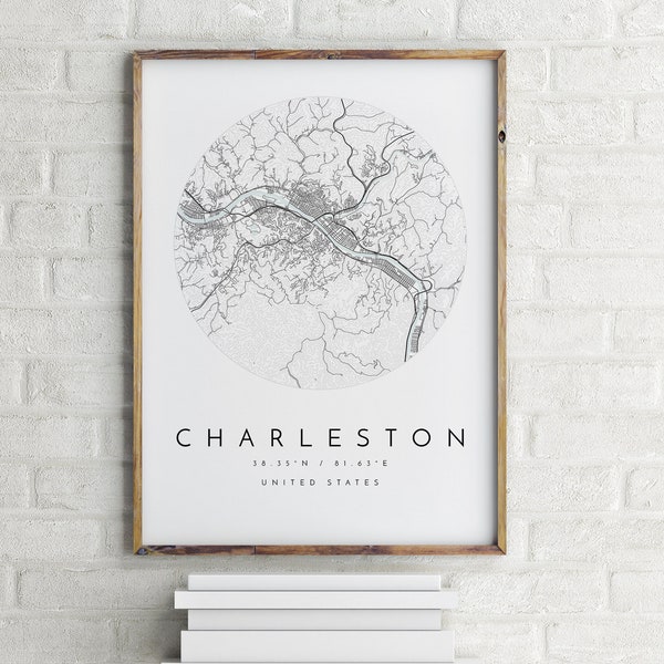 Charleston West Virginia Map, Charleston Map, Minimalist Map, Charleston Print, Charleston Poster, Charleston Art,Modern Map Print,City Map