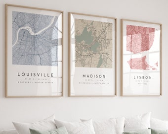 Personalized Map Print, Set of Three, Map Prints, Custom Locations, Your Choice, Anniversary, Custom Map, Home Town Map, City Map