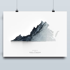 Mapa de Virginia, Impresión de mapas del estado de Virginia, obras de arte de mapas, paisaje de Virginia, arte geológico, arte de Virginia, impresión de Virginia, mapa de elevación Virginia