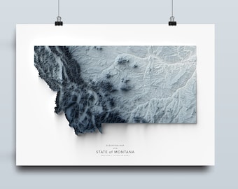 May include: A 3D elevation map of the state of Montana, showing the topography of the state in shades of blue and gray. The map is printed on white paper and has a title that reads "Elevation Map of the State of Montana".