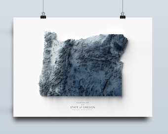 May include: A 3D elevation map of the state of Oregon, showing the topography of the state in shades of blue. The map is printed on white paper and has the text "Elevation Map of the State of Oregon" printed below the map.