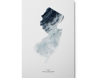 May include: A metal print of a topographic map of the state of New Jersey. The map is in shades of blue and white, with the highest elevations shown in dark blue. The print is ready to hang.