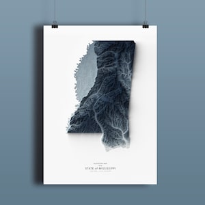 Mapa do Mississippi, impressão de mapa do estado do Mississippi, arte do mapa, paisagem do Mississippi, arte geológica, arte topográfica, mapa de terreno, arte do Mississippi