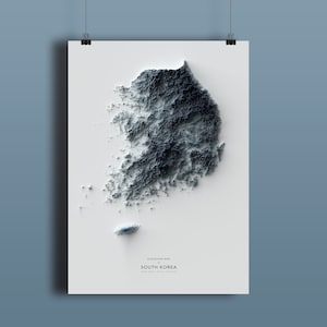 Mapa de Corea del Sur, Impresión de mapas de elevación, obras de arte de mapas, paisaje de Corea del Sur, arte geológico, arte topográfico, mapa del terreno, mapa geológico, arte del mapa