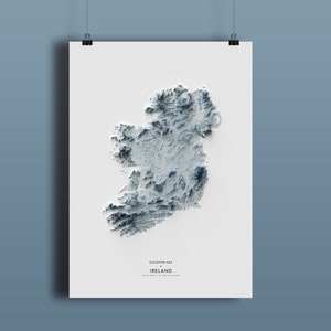 Mapa de Irlanda, Impresión de mapas de elevación, ilustraciones de mapas, paisaje de Irlanda, arte geológico, arte topográfico, mapa del terreno, mapa geológico, arte del mapa