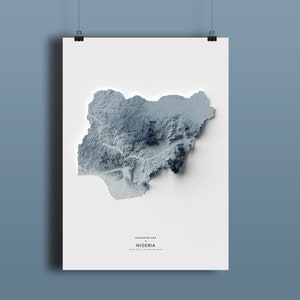 Mapa da Nigéria, impressão de mapa de elevação, arte do mapa, paisagem da Nigéria, arte geológica, arte topográfica, mapa de terreno, mapa geológico, arte de mapa