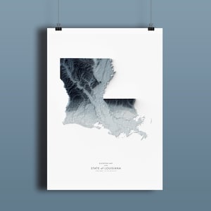 Mapa da Louisiana, impressão de mapa do estado da Louisiana, arte do mapa, paisagem da Louisiana, arte geológica, arte topográfica, mapa do terreno, arte da Louisiana