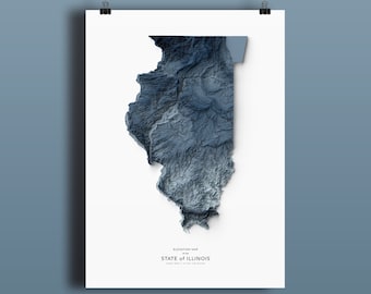 May include: A blue and white topographic elevation map of the State of Illinois. The map shows the elevation changes across the state, with higher elevations shown in darker blue and lower elevations shown in lighter blue.