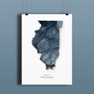Mapa de Illinois, impressão de mapa de elevação, arte de mapa, paisagem de Illinois, arte geológica, arte topográfica, mapa de terreno, mapa geológico, arte de mapa