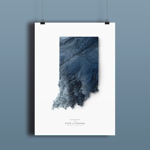 Indiana Karte, Elevation Map Print, Kartenkunstwerk, Indiana Landschaft, Geologie Kunst, topografische Kunst, Geländekarte, geologische Karte, Kartenkunst