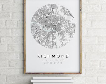 Minimalist Map Art Richmond Map Gift Map City Map Home Town Map Richmond Richmond Print Virginia Map Poster