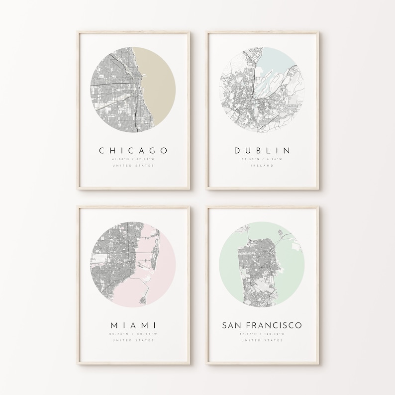 Personalized Map Print, Set of Four, Map Prints, Custom Locations, City ...