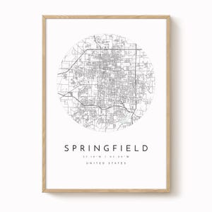 Póster del mapa de Springfield: Arte urbano contemporáneo (papel mate, varios tamaños)