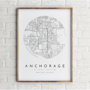 Mapa de Anchorage, Anchorage, Alaska, Mapa de la ciudad, Mapa circular, Impresión de Anchorage, arte de pared, Póster de mapa, Arte de mapa minimalista, mapólogo, mapa blanco azul