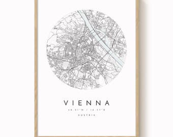 Mapa Wiednia, wydruk, minimalistyczny, niebiesko-szary (różne rozmiary)