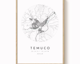 Mapa miasta Temuco: Minimalistyczna, niebiesko-szara sztuka ścienna