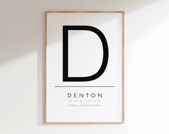 Denton, Texas, Impresión tipográfica, póster digital, Denton TX, arte de pared digital, descargar póster, arte imprimible, imprimir en casa