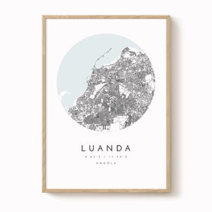Impresión de mapa de Luanda, Angola, arte mural minimalista moderno, póster de Luanda, impresión de mapa urbano