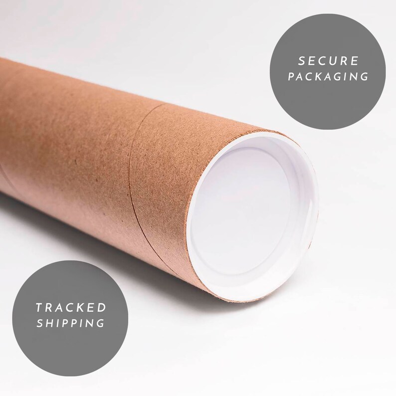 May include: A brown cardboard tube with a white end cap. The tube is labelled "SECURE PACKAGING" and "TRACKED SHIPPING".
