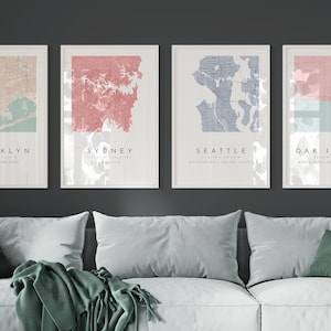 Gepersonaliseerde kaartafdruk, set van vier, kaartafdrukken, aangepaste locaties, stadsplattegrond, aangepaste kaart, thuisstadsplan, stadsplattegrond, kaart personaliseren, kaartkunst