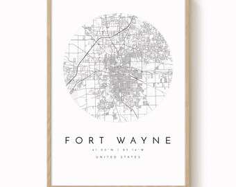 Carte de Fort Wayne, Fort Wayne, Indiana, plan de la ville, plan de la ville natale, impression de Fort Wayne, art mural, affiche de carte, art de carte minimaliste, mapologiste, cadeau