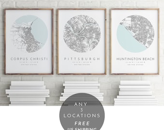 Personalized Map Print, Set of Three, Map Prints, Custom Locations, Your Choice, Anniversary, Custom Map, Home Town Map, City Map
