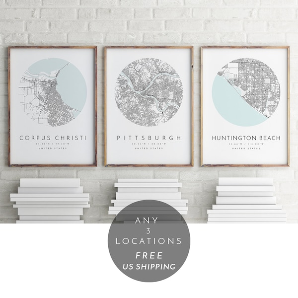 Personalized Map Print, Set of Three, Map Prints, Custom Locations, Your Choice, Anniversary, Custom Map, Home Town Map, City Map