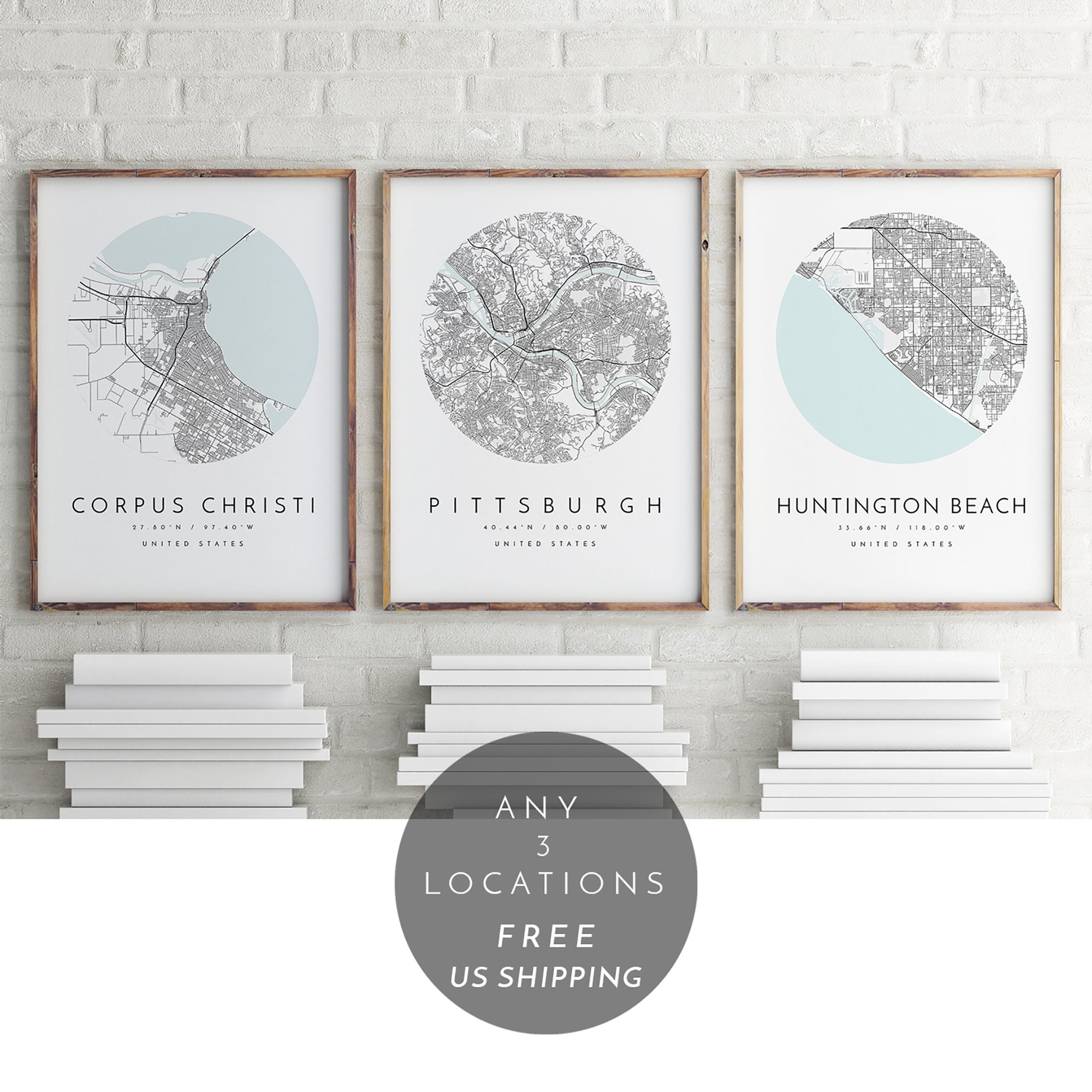 Custom Map Print Set of 3 Personalized Map Heart Map Art 