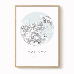 Minimalist Manama Bahrain Map Print, Pale Blue and Grey (Multiple Sizes)