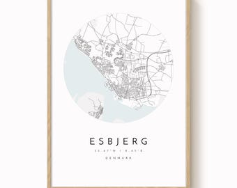Esbjerg City Map Print: Minimalist Blue Grey Wall Art