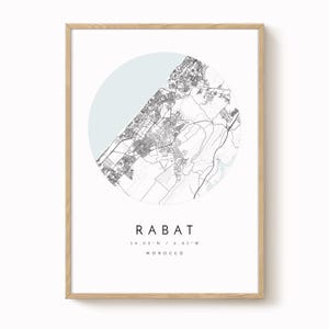 Stampa della mappa della città di Rabat: arte murale minimalista blu-grigia
