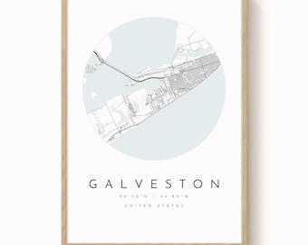 Galveston City Map Print: Contemporary Minimalist Art (8x10 to 24x36)