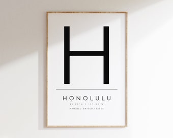 Honolulu, Hawaii, Impresión tipográfica, cartel digital, Honolulu, HI, arte de pared digital, descargar cartel, arte imprimible, imprimir en casa