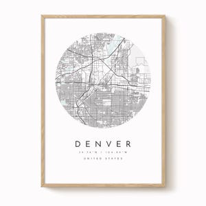 Impresión del mapa de la ciudad de Denver: arte minimalista moderno (de 8 x 10 a 24 x 36 pulgadas)