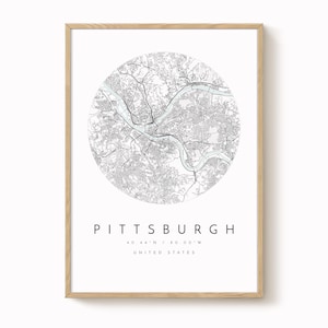 Plakat z mapą Pittsburgha: Nowoczesna minimalistyczna sztuka miejska (od 8x10 do 24x36 cali)