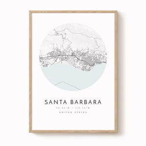 Impresión del mapa de la ciudad de Santa Bárbara, minimalista, azul grisáceo (varios tamaños)