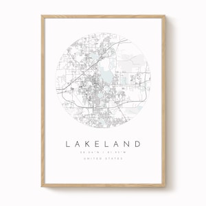 Impresión del mapa de Lakeland, Florida, arte minimalista azul grisáceo (varios tamaños)