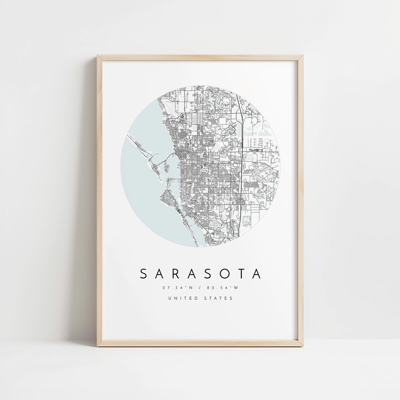 Sarasota Map Print: Minimalist Blue Grey City Wall Art image 10