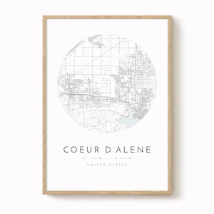 Impresión del mapa de la ciudad de Coeur D'Alene: Arte mural minimalista en azul y gris