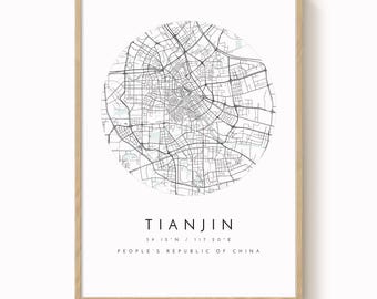 Mapa miasta Tianjin: Minimalistyczna niebiesko-szara sztuka ścienna