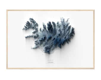 May include: A 3D elevation map of Iceland, showing the country's topography in shades of blue. The map is framed in a light wood frame and has the text "Elevation Map Iceland" printed below the map.