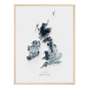 Mapa das Ilhas Britânicas, impressão de mapa de elevação, arte do mapa, paisagem das Ilhas Britânicas, arte geológica, arte topográfica, mapa de terreno, mapa geológico