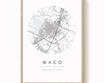Plakat z mapą Waco: nowoczesny styl minimalistyczny (dostępny w wielu rozmiarach)