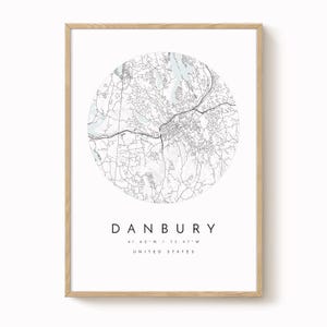 Danbury Connecticut Map Print, Minimalist Wall Art (Multiple Sizes)